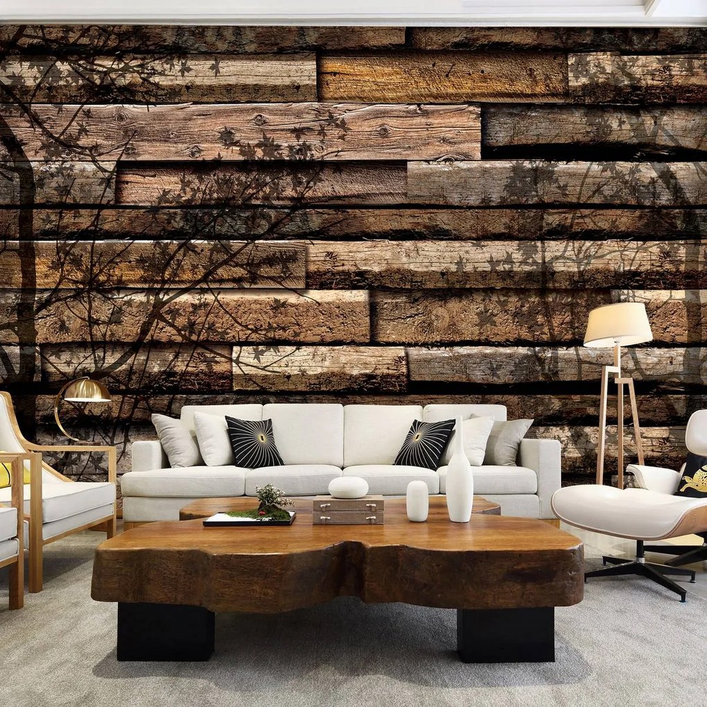Fototapet - Umbre de copaci pe scănduri din lemn (152,5x104 cm)