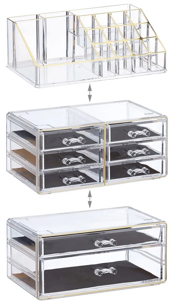 Organizator produse cosmetica 8 sertare  suport pentru pensule creioane si rujuri Transparent /Auriu Acril
