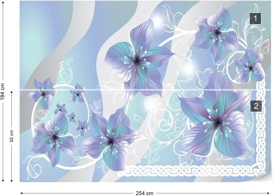 Fototapet GLIX - Flowers Floral Pattern Blue + adeziv GRATUIT Tapet nețesute - 254x184 cm