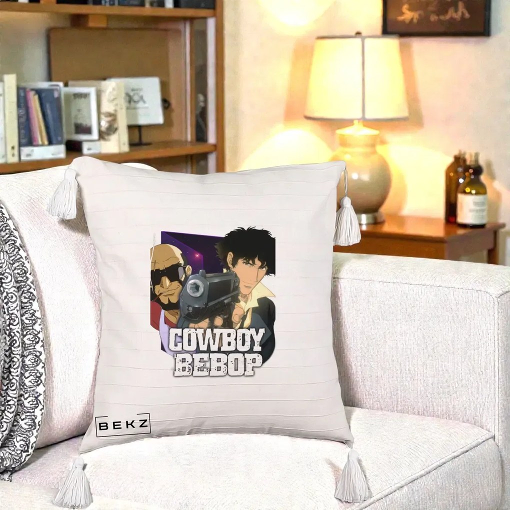 Perna Personalizata Cowboy Bebop Spike si Jet Poster, 40x40 cm, Bej cu Franjuri, Husa Detasabila, Perna Inclusa, BEKZ®