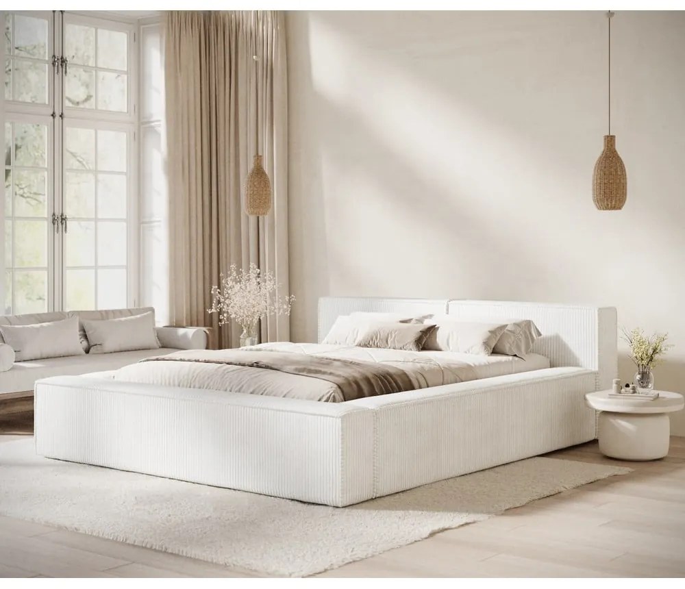 Pat matrimonial crem tapițat cu spațiu de depozitare cu somieră 180x200 cm Voliera – Maison de Rêve