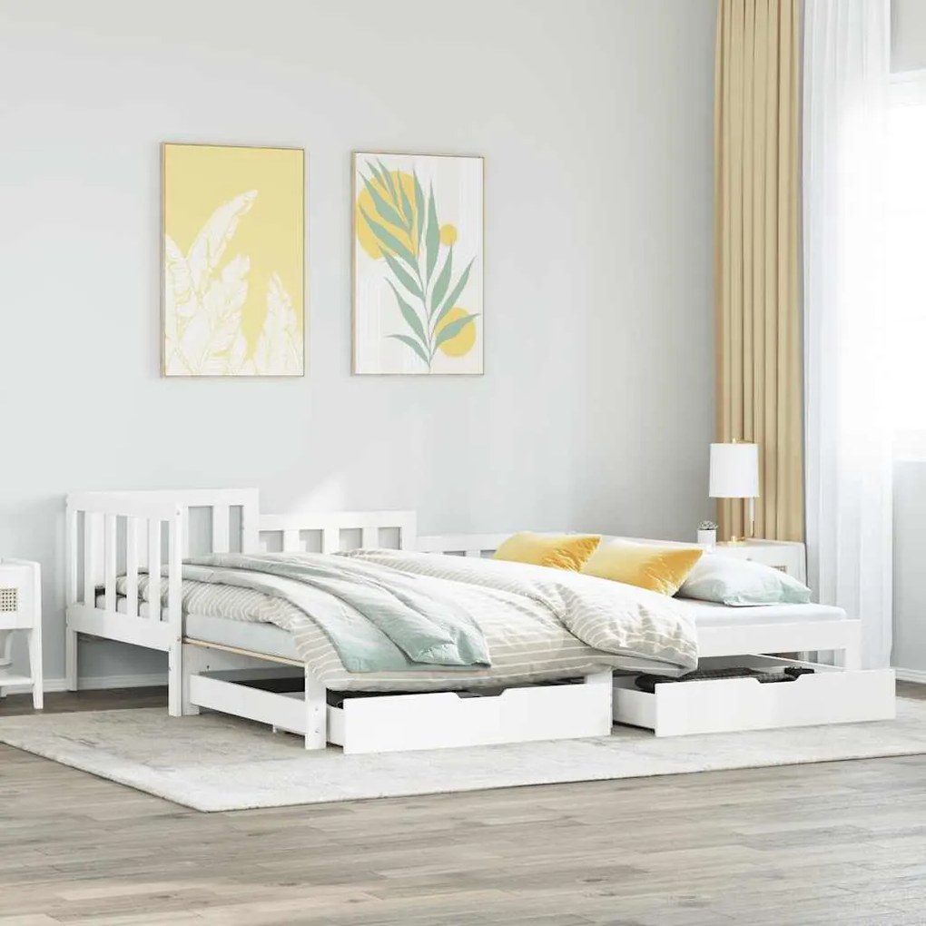 vidaXL Pat de zi cu extensie și sertare fără saltea, alb, 90x200 cm