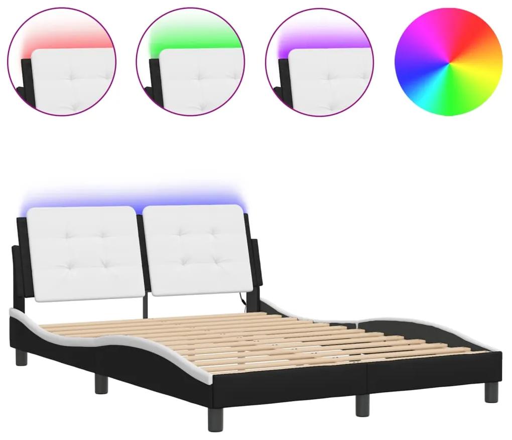 3214108 vidaXL Cadru de pat cu lumini LED negru/alb 140x190 cm piele ecologică