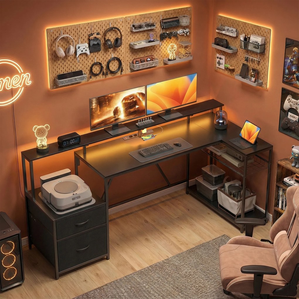 HOMCOM Birou Gaming Reversibil în Formă de L cu LED, Birou Colțar 192,5 cm cu Prize Electrice, Suport Monitor și CPU, 2 Sertare din Material Textil pentru Documente A4/Legal, pentru Acasă sau Birou, Negru | Aosom Romania