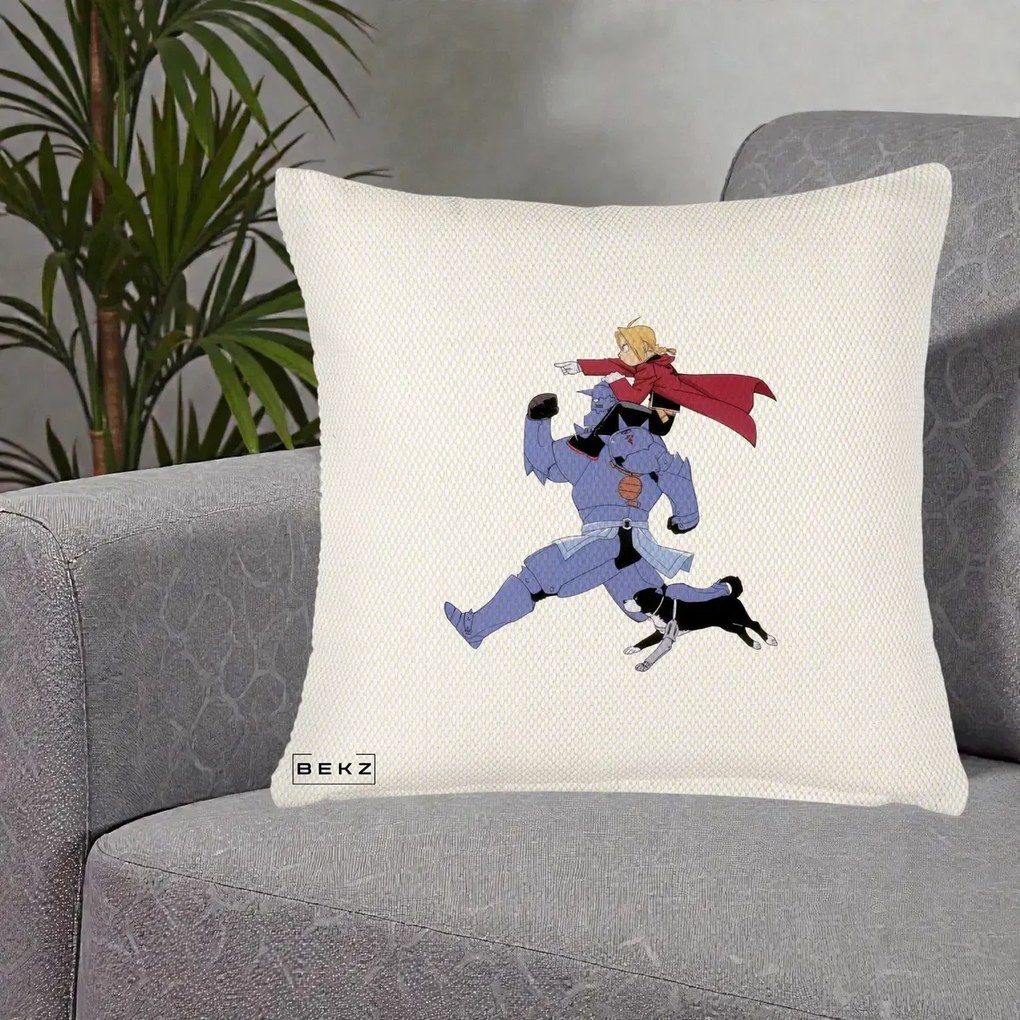Perna personalizata Fullmetal Alchemist Edward si Alphonse, 45x45 cm cu Umplutura, Crem Reliefat, BEKZ