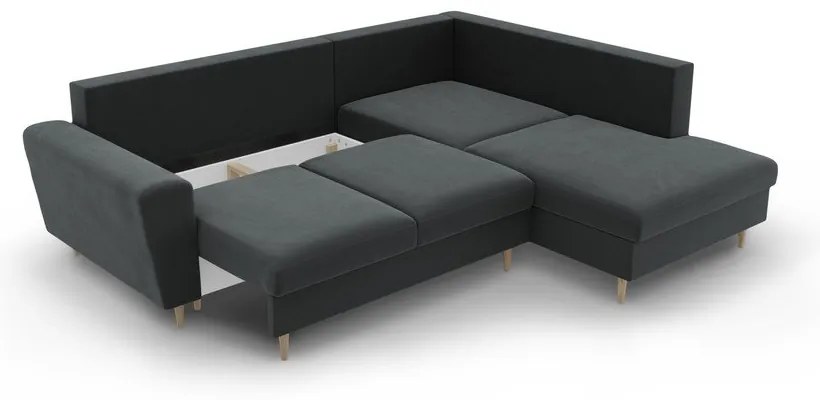 Colțar gri închis extensibil, cu spațiu de depozitare cu tapițerie din catifea (cu colț pe partea dreaptă-în formă de ”L”) Kyoto – Cosmopolitan Design