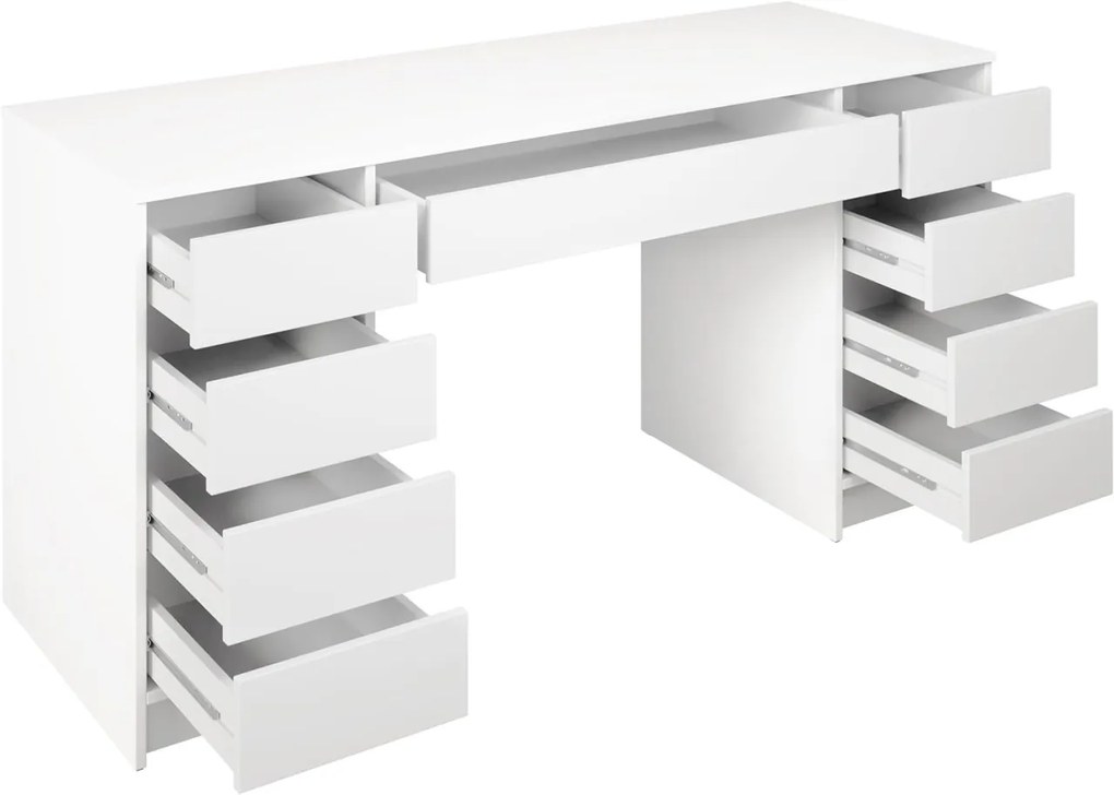 BIA8 - Birou 154 cm, masa de calculator cu 9 sertare, office - Alb / Negru / Crem / Alb Lucios / Gri / Culoarea Stejar