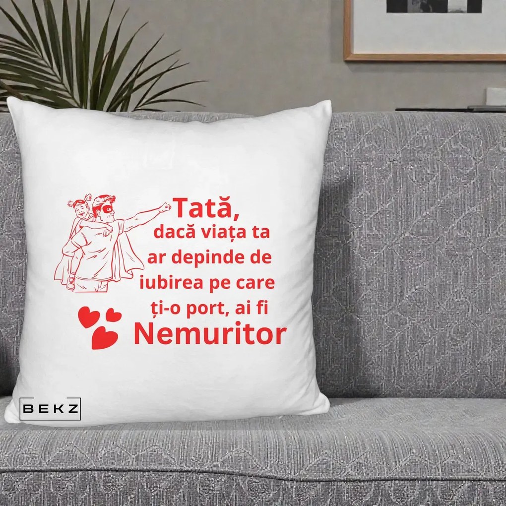 Cadou pentru Tata - Perna Personalizata Tata Nemuritor cu Fetita, 40x40 cm, Alb Pufos, Husa Detasabila, Perna Inclusa, BEKZ®