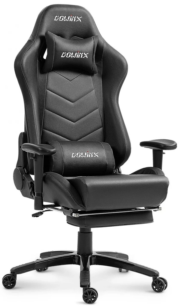 DOWINX Scaun gaming, ergonomic, suport lombar cu masaj, spătar rabatabil 90-180°, cotiere reglabile, suport pentru picioare, rezistent 150 kg, piele PU, Negru