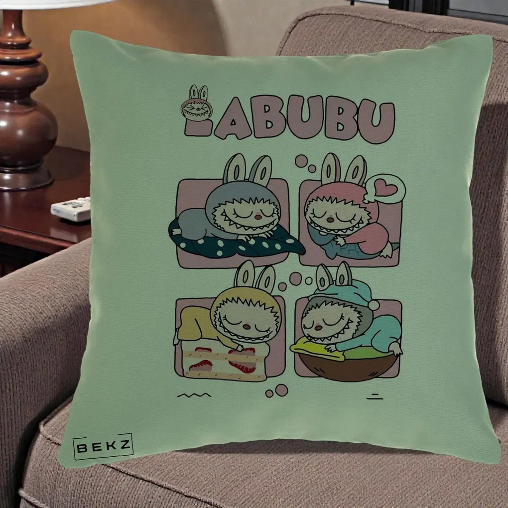Perna Personalizata Labubu Sleeping Quad Grid, 40x40 cm, Verde, Husa Detasabila, Perna Inclusa, BEKZ®