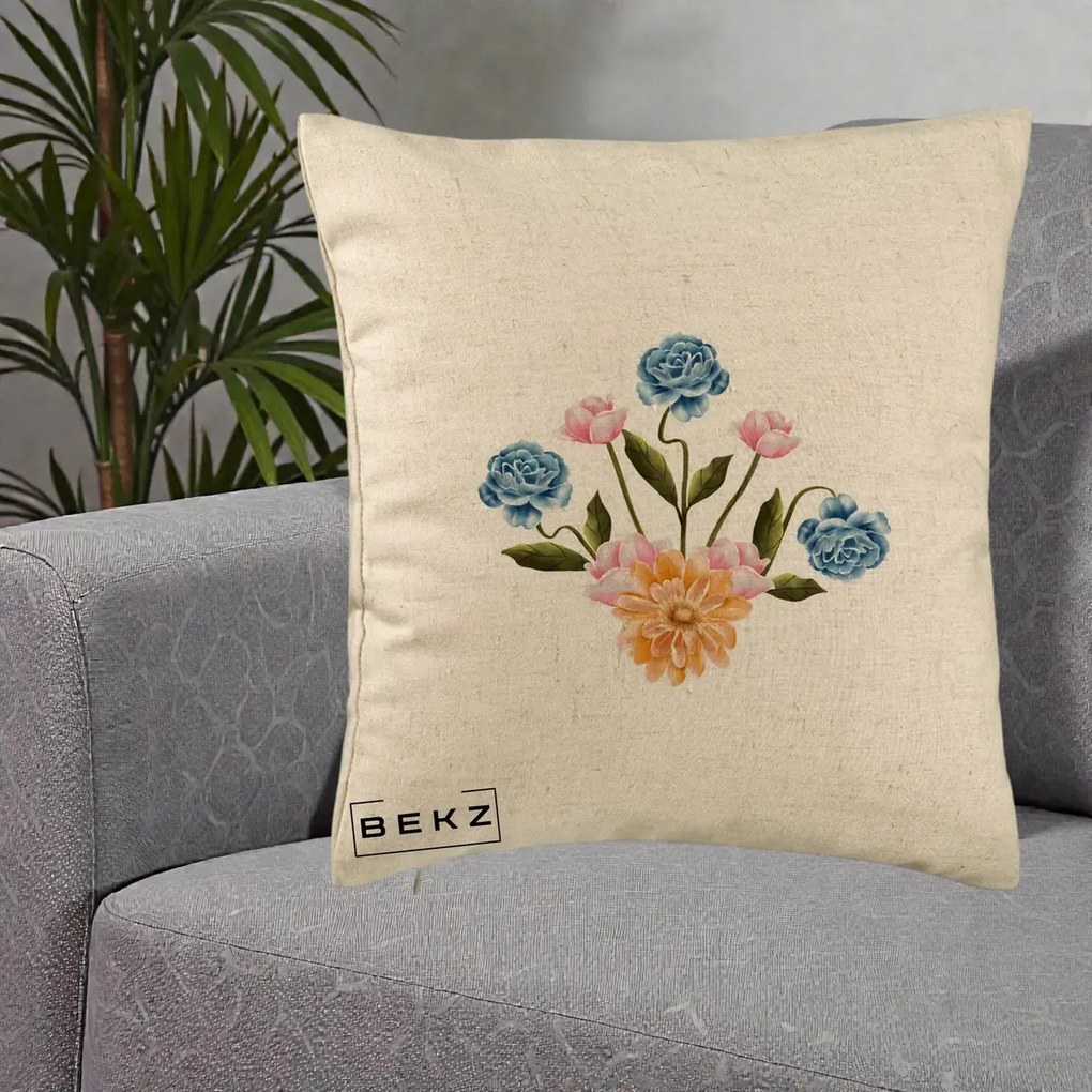 Perna Decorativa Buchet Primavara Acuarela, 40x40 cm, Bej, Husa Detasabila, Perna Inclusa, BEKZ®