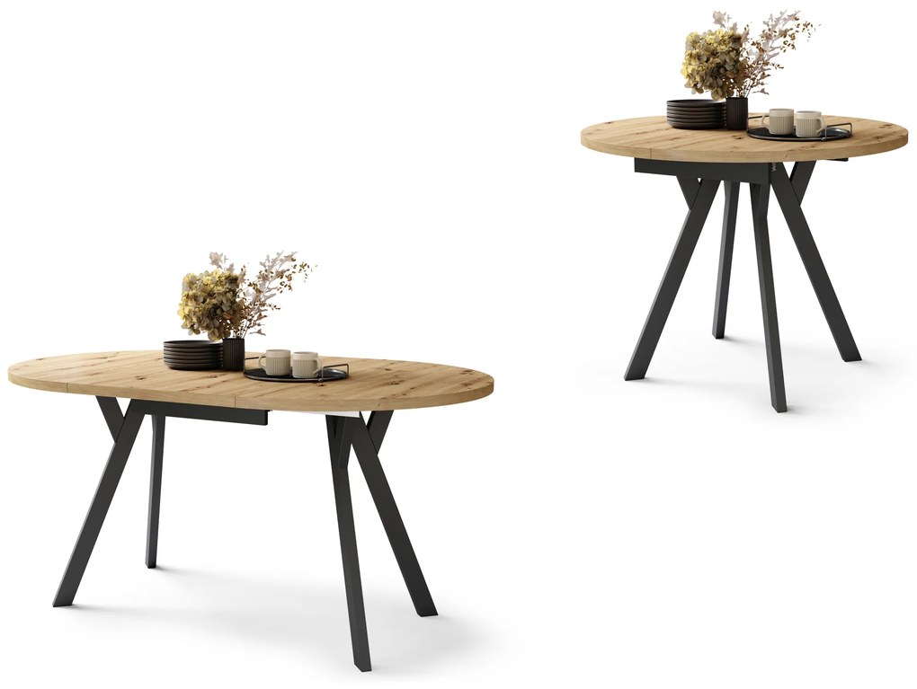 Mazzoni ALDO Stejar Artisan/picioare negre - MASĂ ROTUNDĂ STIL LOFT PENTRU SALON/SUFRAGERIE EXTENSIBILĂ CU PICIOARE ÎN FORMĂ DE "Y"
