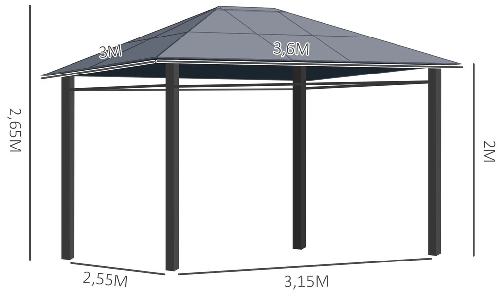 Foisor pentru gradina 3.6x3 m cu acoperis din policarbonat anti-UV, structura din otel si aluminiu si pereti laterali, gri | Aosom Romania