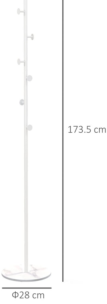 HOMCOM Cuier Vertical Autoportant cu 6 Cârlige Disc și Bază din Ardezie, Ø32x171 cm, Alb Elegant pentru Organizare | Aosom România