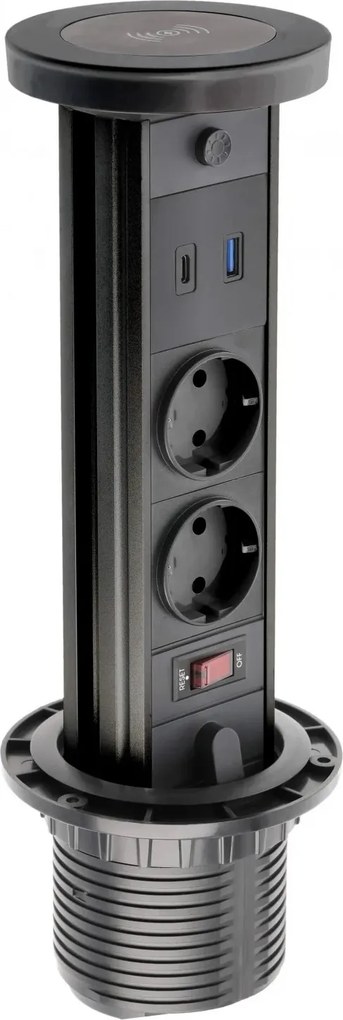 Priză încorporabilă în blat Camino GTV, încărcător wireless 10W, 2 prize Schuko, USB A + C, negru, D:80 mm D:80 mm, Aluminiu/Plastic, Negru
