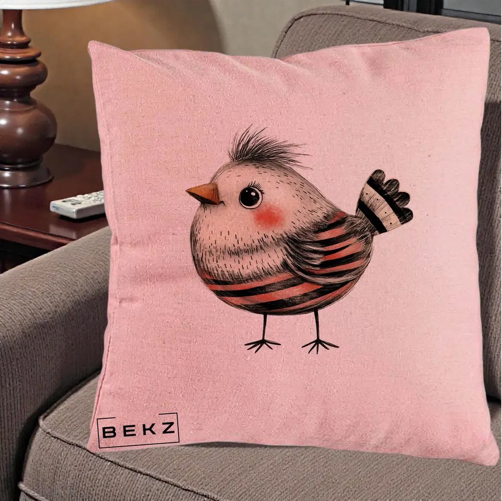 Perna Decorativa Pui Expresiv Dungi Negru-Rosu, 40x40 cm, Roz, Husa Detasabila, Perna Inclusa, BEKZ®