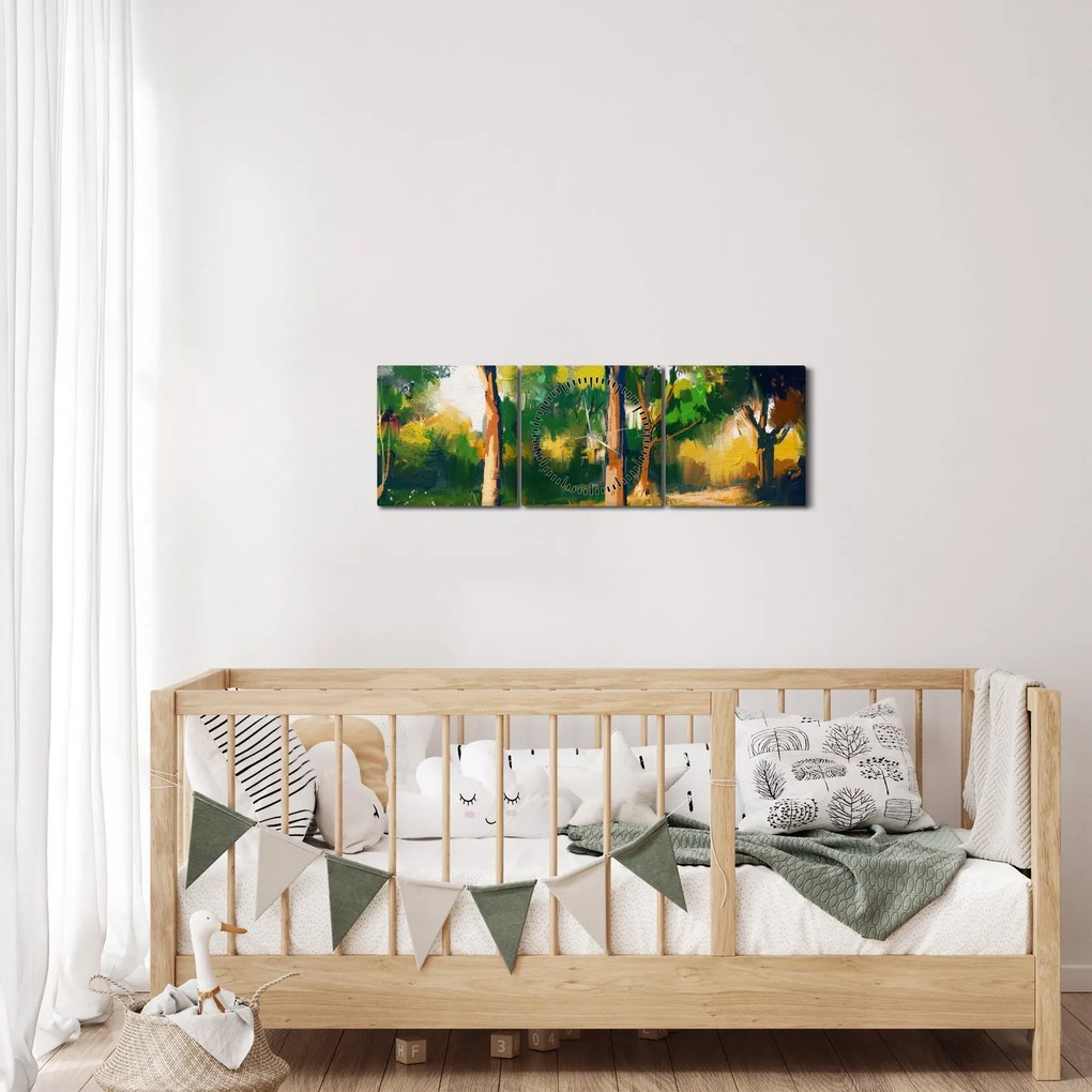 Tablou - Pădure de vară însorită, pictură (cu ceas) (90x30 cm)