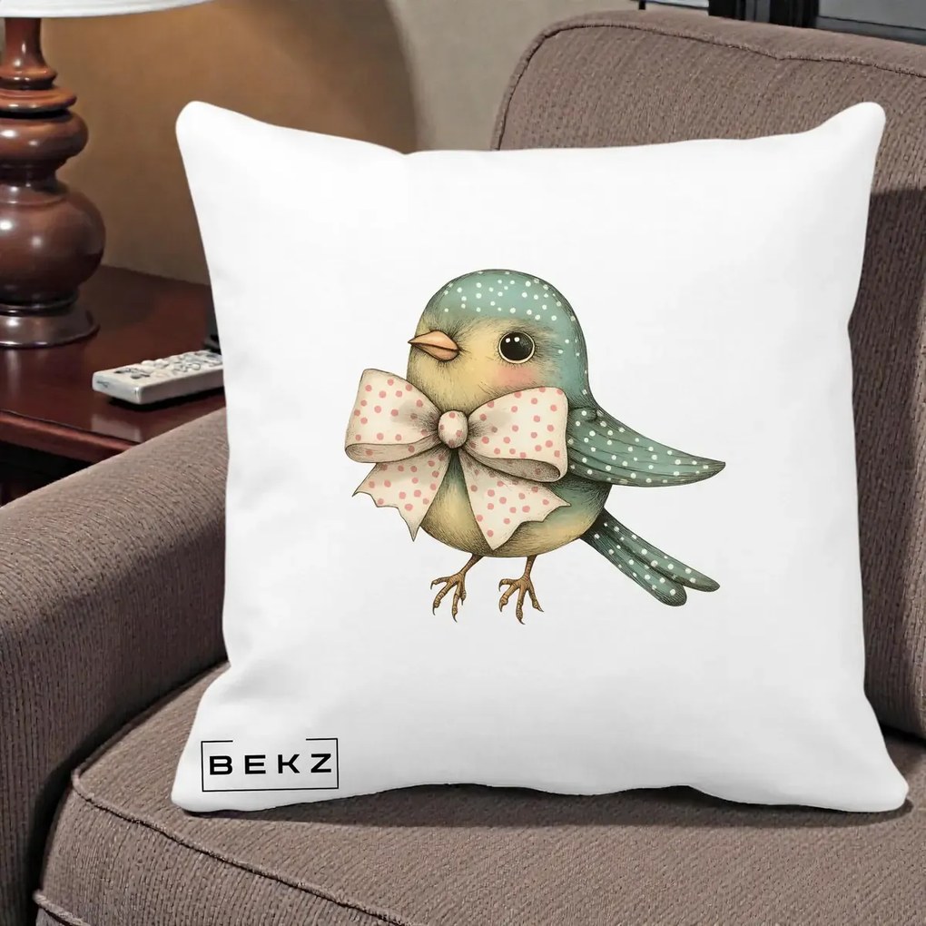 Perna Decorativa Pasare Teal cu Fundita cu Buline, 40x40 cm, Alba Mata, Husa Detasabila, Perna Inclusa, BEKZ®