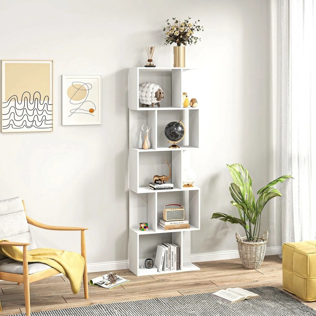 HOMCOM Raft pentru Cărți cu 5 Rafturi Separate, Bibliotecă în Formă de S din Lemn, 60x24x184,5 cm, Alb | Aosom Romania