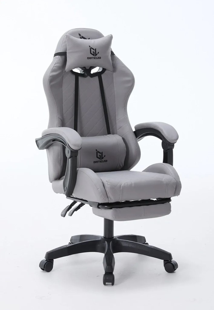 Scaun gaming, Masaj în perna lombară, suport picioare, piele PU, Gri