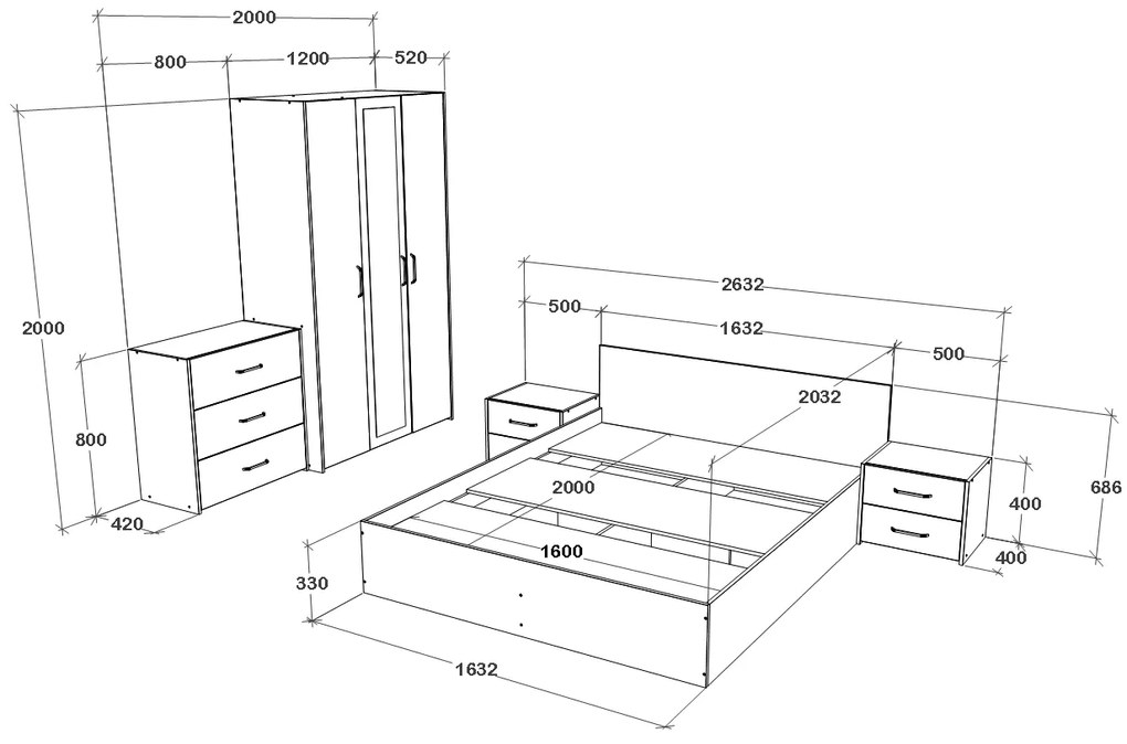 Set haaus V4, Pat 200 x 160 cm, Stejar Alb/Antracit