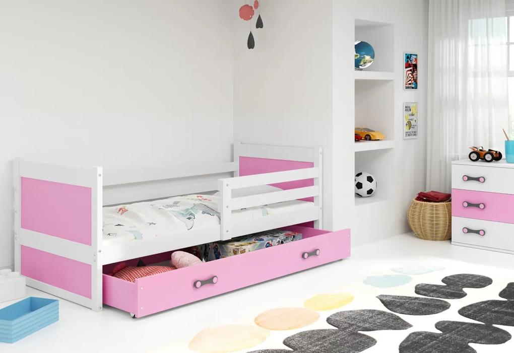 Supermobel Pat pentru copii RICO P1 COLOR + spațiu de depozitare + saltea + somieră GRATIS, 80x190 cm, alb, roz