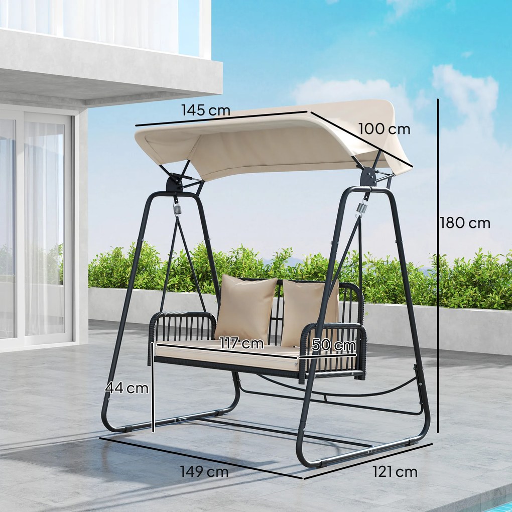 Outsunny Hollywoodschaukel din ratan pentru 2 persoane, cu acoperiș reglabil, perne, cu o capacitate de încărcare de până la 240 kg, 149 x 121 x 180 cm, kaki | Aosom Romania