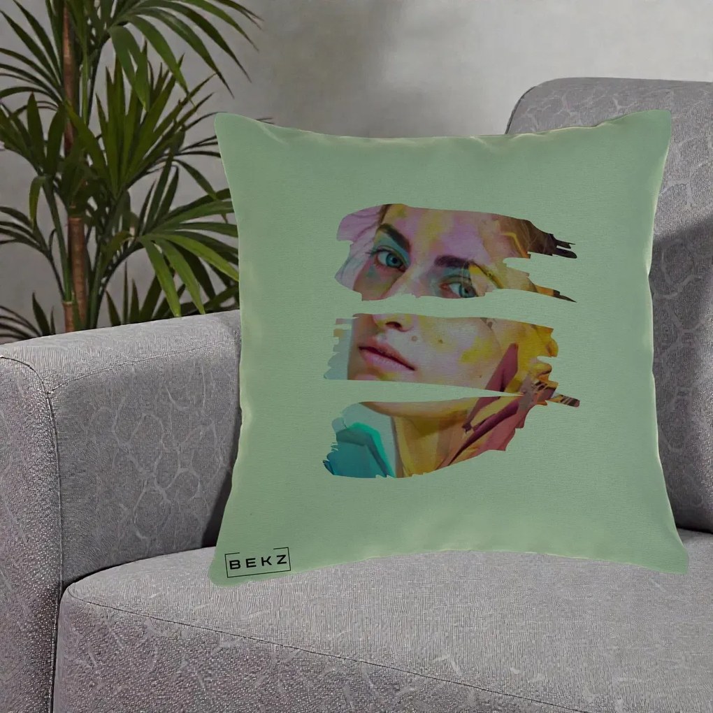 Perna Decorativa Portret Femeie Fragmentat Colorat, 40x40 cm, Verde, Husa Detasabila, Perna Inclusa, BEKZ®