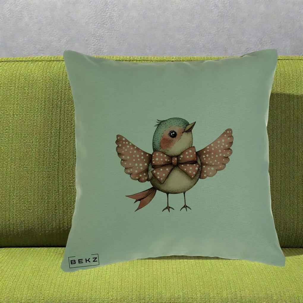 Perna Decorativa Pasare Roz cu Aripi si Fundita, 40x40 cm, Verde, Husa Detasabila, Perna Inclusa, BEKZ®