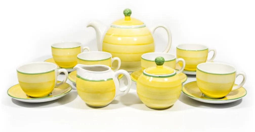 Set ceramic 6x ceașcă cu farfurioară, 1x ulcior cu capac, 1x zaharniță și 1x latieră