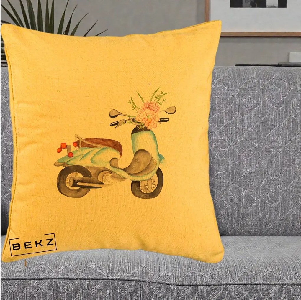 Perna Decorativa Scuter Albastru cu Flori Acuarela, 40x40 cm, Galben, Husa Detasabila, Perna Inclusa, BEKZ®