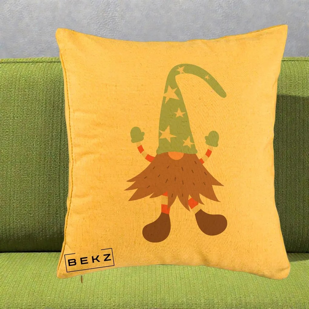 Perna Decorativa Pitic Gnom Nordic cu Cadou Menta, 40x40 cm, Galben, Husa Detasabila, Perna Inclusa, BEKZ®