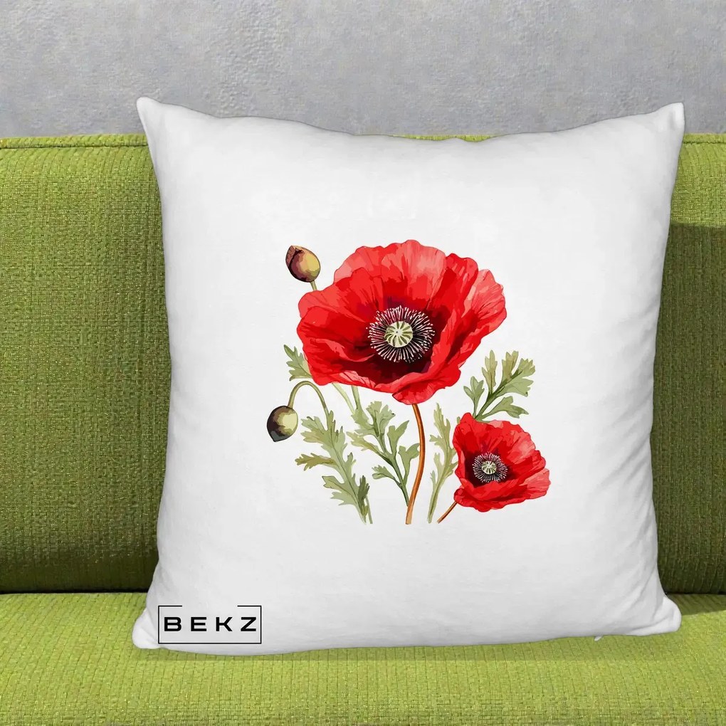 Perna Decorativa Maci Rosii Acuarela, 40x40 cm, Alb Pufos, Husa Detasabila, Perna Inclusa, BEKZ®