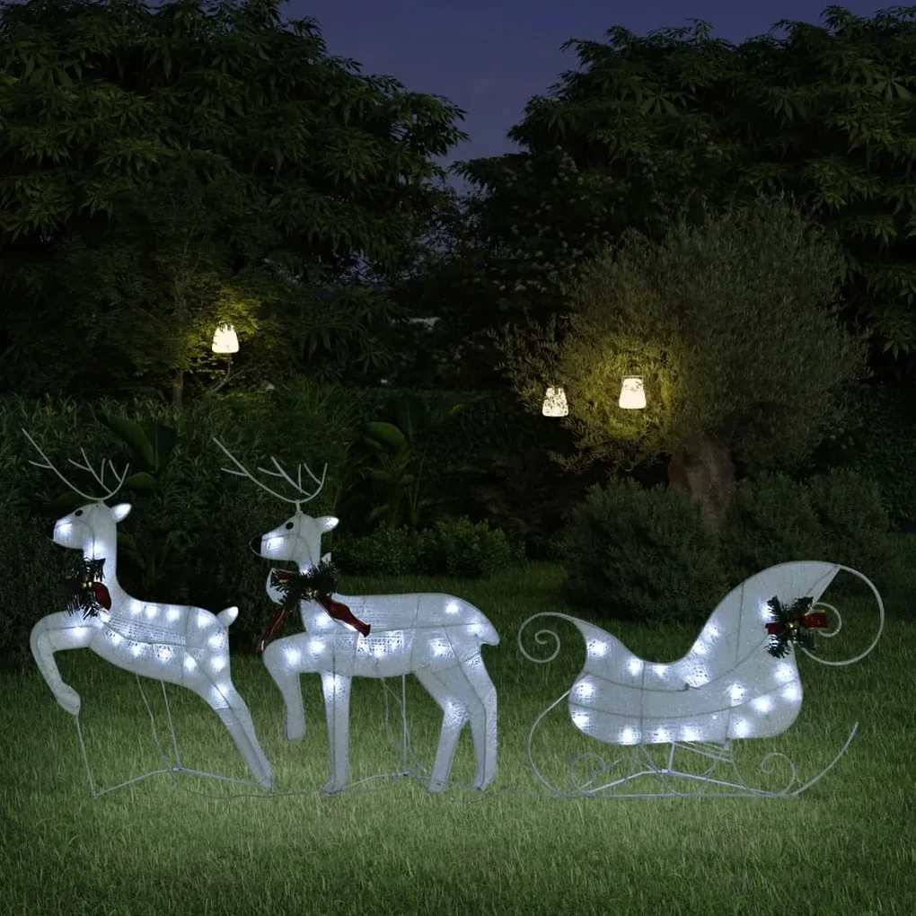 Decor de Craciun cu reni si sanie, 60 LED-uri, alb, exterior