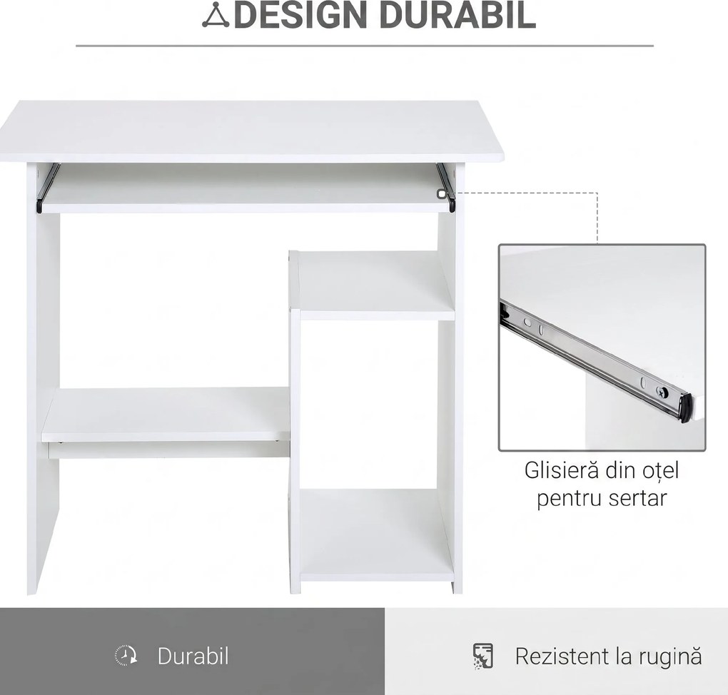 HOMCOM Birou Ergonomic Spațiu Optimizat, Alb, PAL/Metal, 80x45x75cm | Aosom Romania
