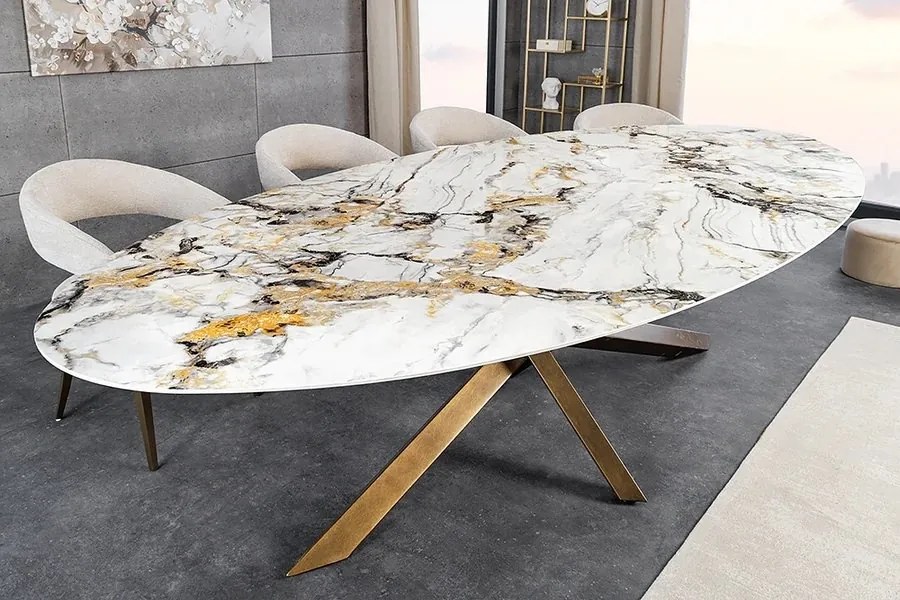 Masa ovala SCULPTURE 280cm metal bronz, ceramica alb, gri, maro