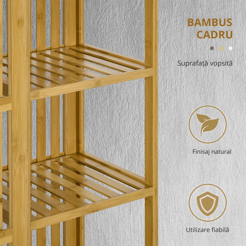 HOMCOM Dulap Deschis din Bambus cu 2 Uși Glisante, Garderobă cu Rafturi și Bară de Haine, 145x35x165 cm, Lemn Natural | Aosom Romania