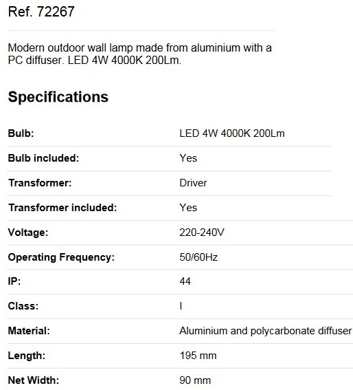 Aplica moderna pentru exterior cu protectie IP44, PAPO LED 72267
