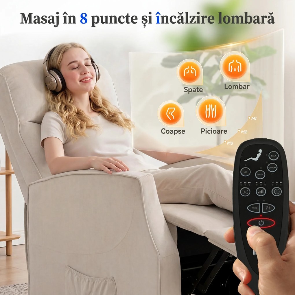 HOMCOM Fotoliu Electric cu Ridicare 150° din Material ce Imita Inul cu 8 Puncte de Masaj, Încălzire, Bej | Aosom Romania