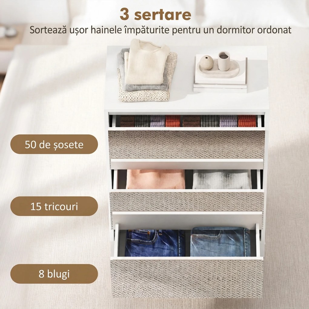 HOMCOM Comodă cu 3 Sertare și Fronturi Oglindă, Design Modern pentru Dormitor sau Hol, 60x35x80 cm, Albă | Aosom Romania