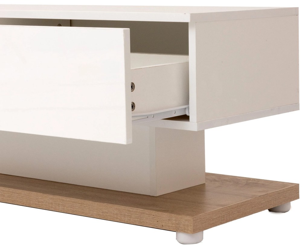 Mobilier TV modern stil rustic cu finisaj alb lucios și lemn, Alb | Aosom Romania