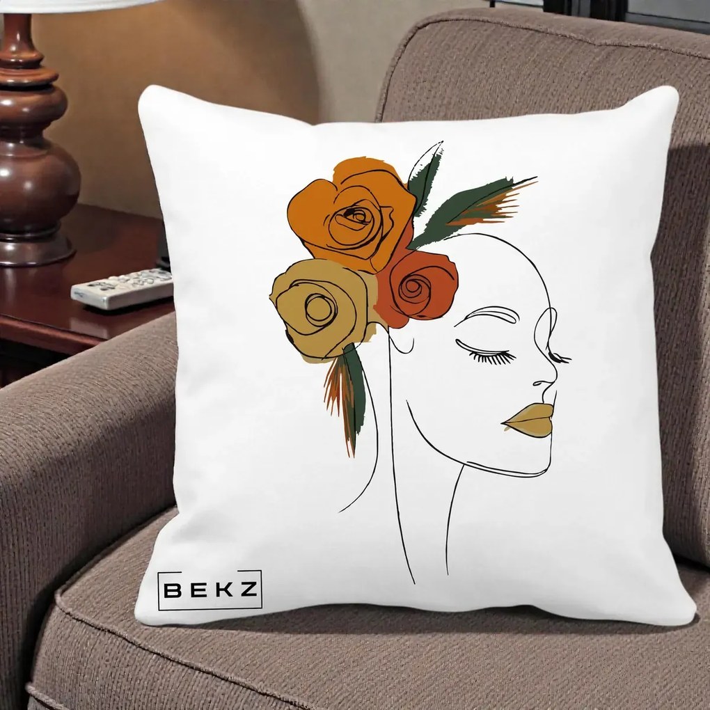 Perna Decorativa Portret Feminin Trandafiri Ruginii, 40x40 cm, Alba Mata, Husa Detasabila, Perna Inclusa, BEKZ®