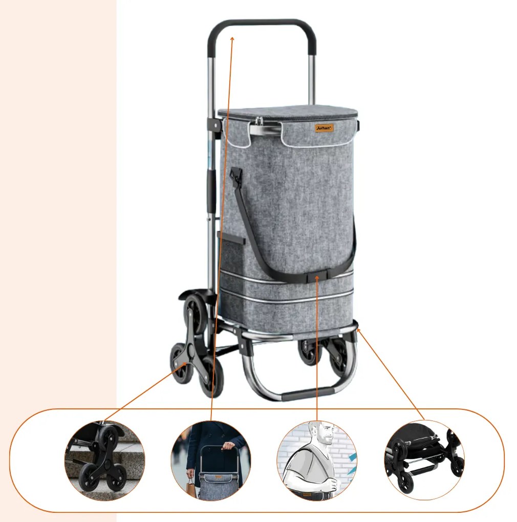 Jurhan Geantă de cumpărături pe roți pentru scări COMFORT, 50L, gri