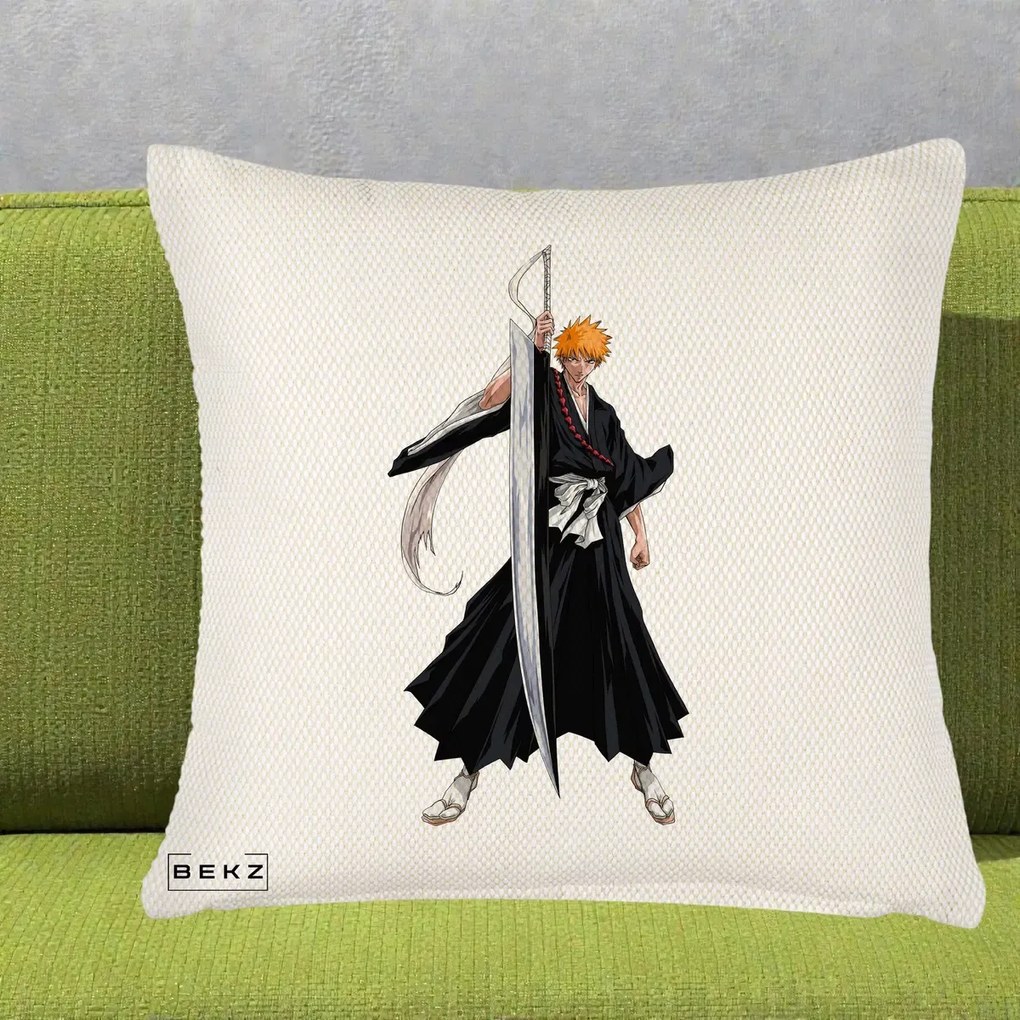 Perna Personalizata Bleach Ichigo Kurosaki Zangetsu, 40x40 cm, Crem Reliefat, Husa Detasabila, Perna Inclusa, BEKZ®