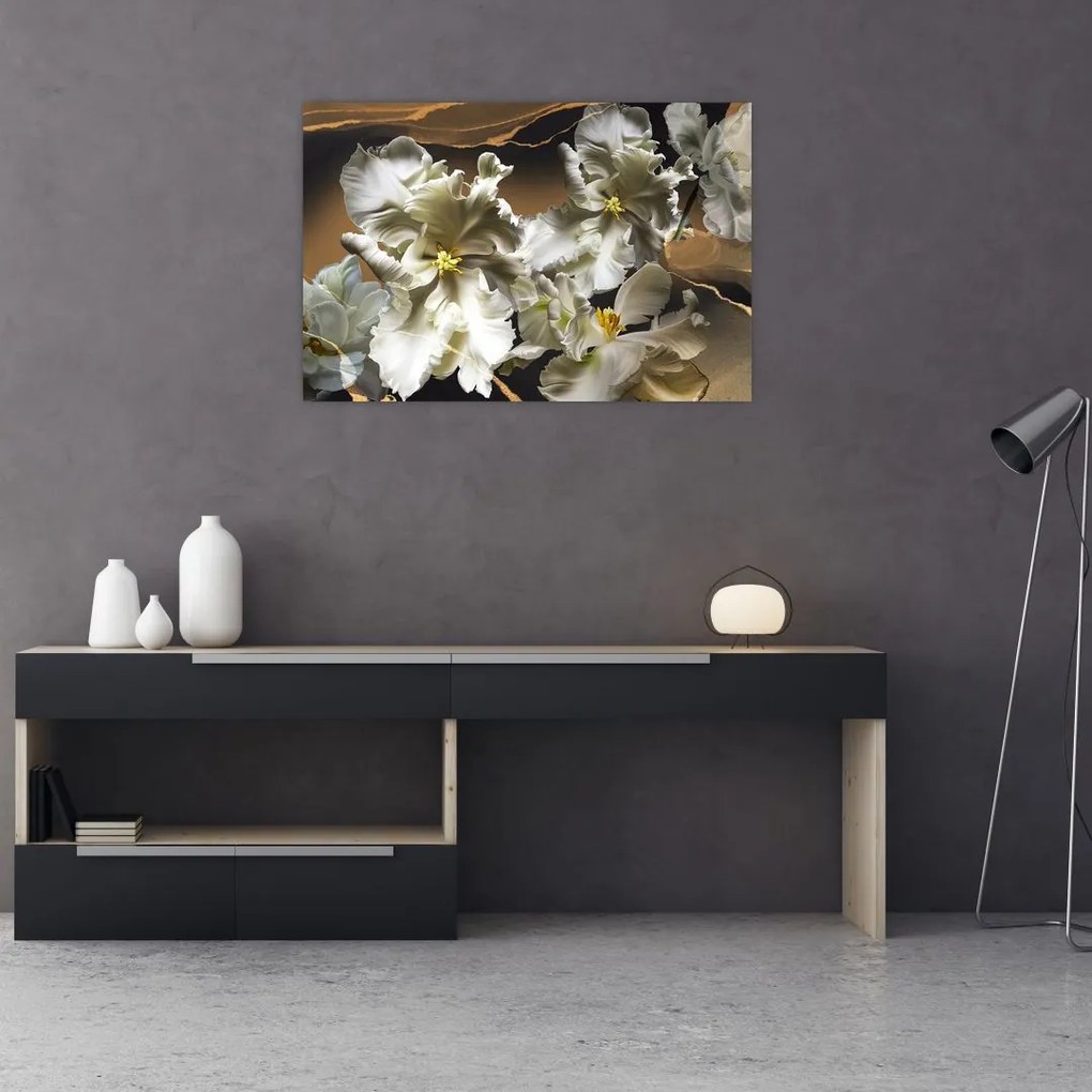 Tablou - Flori de orhidee pe fundal de marmură (90x60 cm)