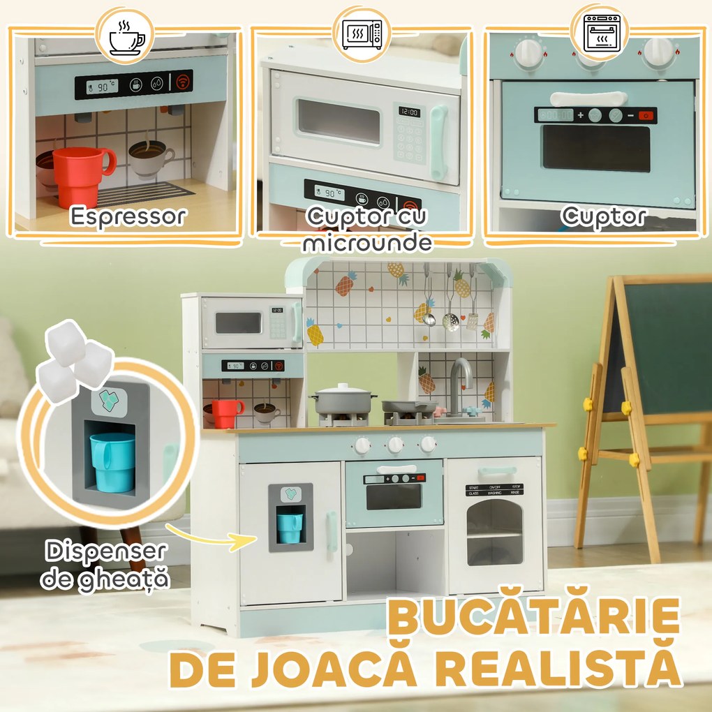 AIYAPLAY Bucătărie de Jucărie pentru Copii de 3+ Ani din Lemn, Aragaz Interactiv, Cuptor și Mașină de Cafea, Albă | Aosom Romania