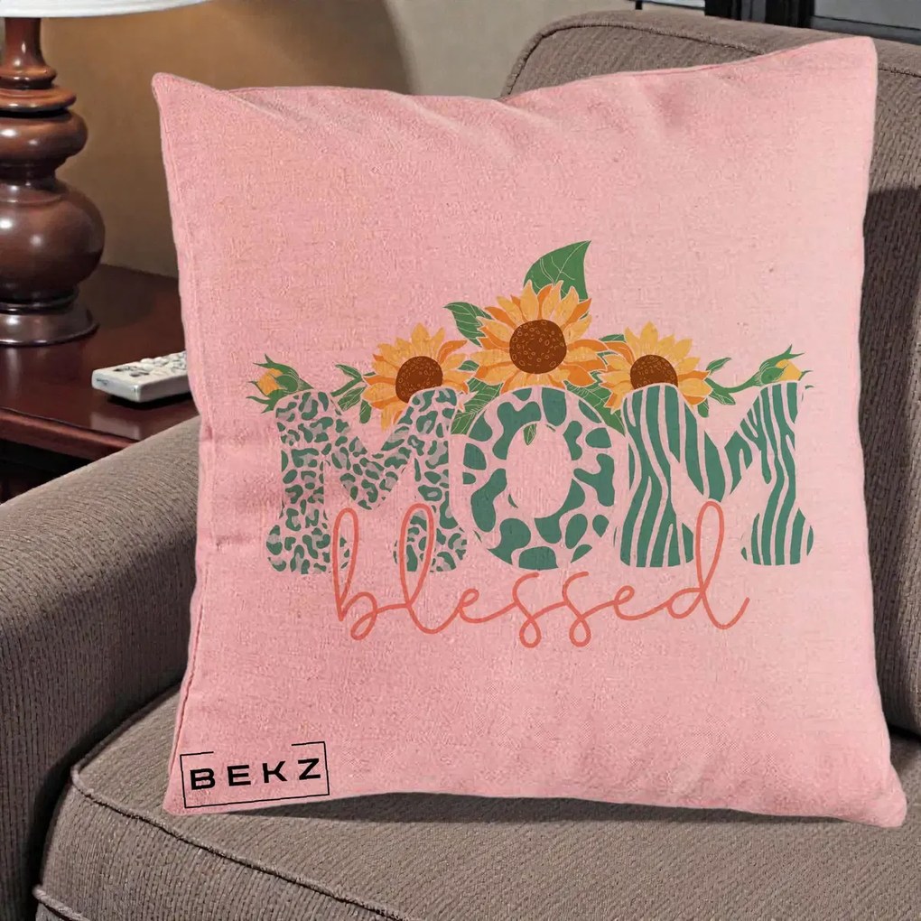 Cadou pentru Mama - Perna Personalizata Mom Blessed cu Floarea Soarelui Animal Print Teal, 40x40 cm, Roz, Husa Detasabila, Perna Inclusa, BEKZ®