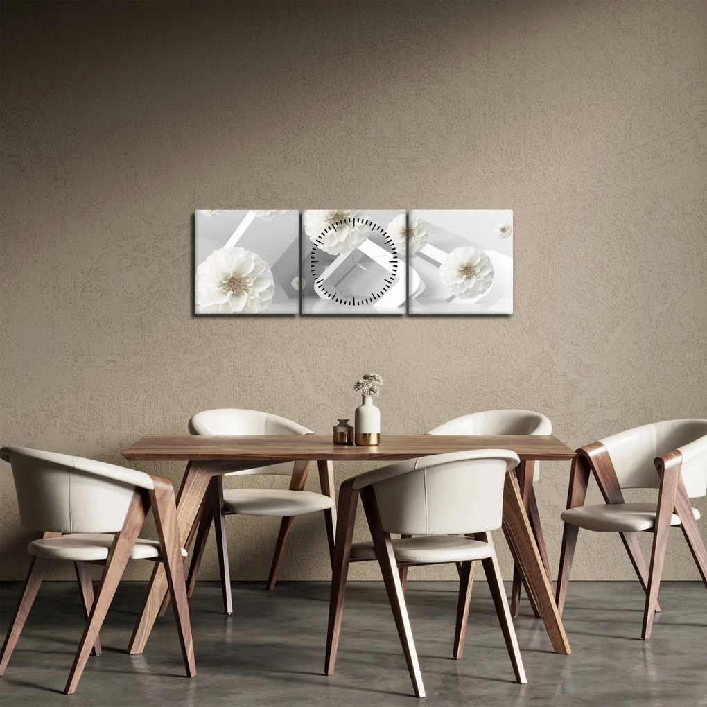 Tablou abstract cu flori albe (cu ceas) (90x30 cm)