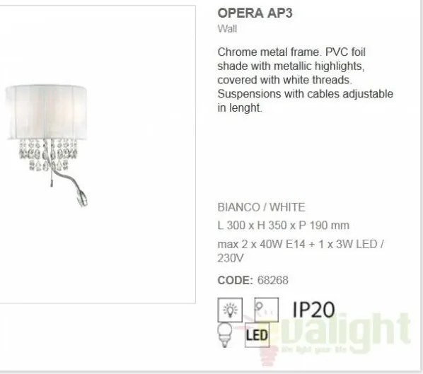 Aplica de perete LED cristal Venezian OPERA AP3 BIANCO 068268