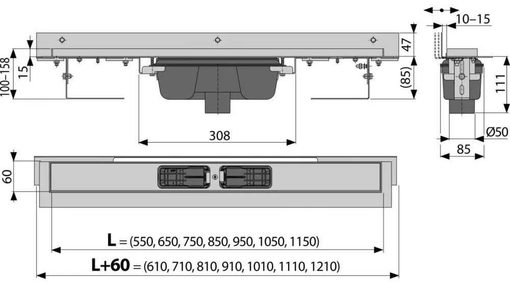 Rigola de dus Flexible 115 cm, cu guler reglabil la perete, scurgere verticala, otel inoxidabil 1150 mm